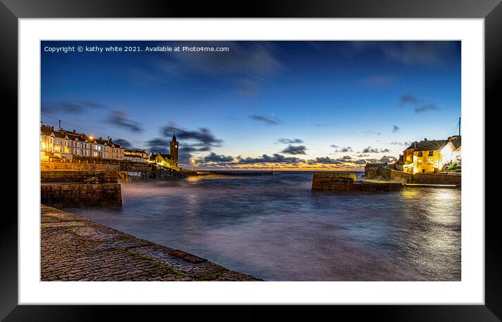  Porthleven at night with clock tower,and ship inn Framed Mounted Print by kathy white