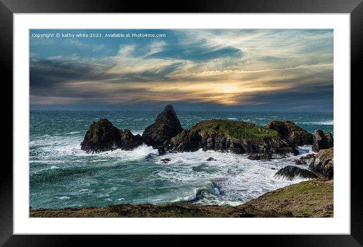 Kynance Cove sunset Cornwall Framed Mounted Print by kathy white