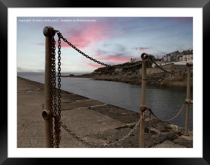 Porthleven red sky at night Framed Mounted Print by kathy white