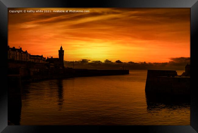 Porthleven Cornwall silhouette Sunset  Framed Print by kathy white