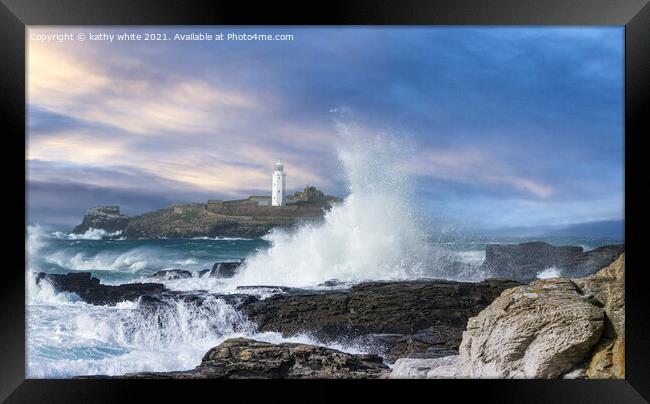 Godrevy lighthouse Cornwall,from  Hayle Beach Framed Print by kathy white