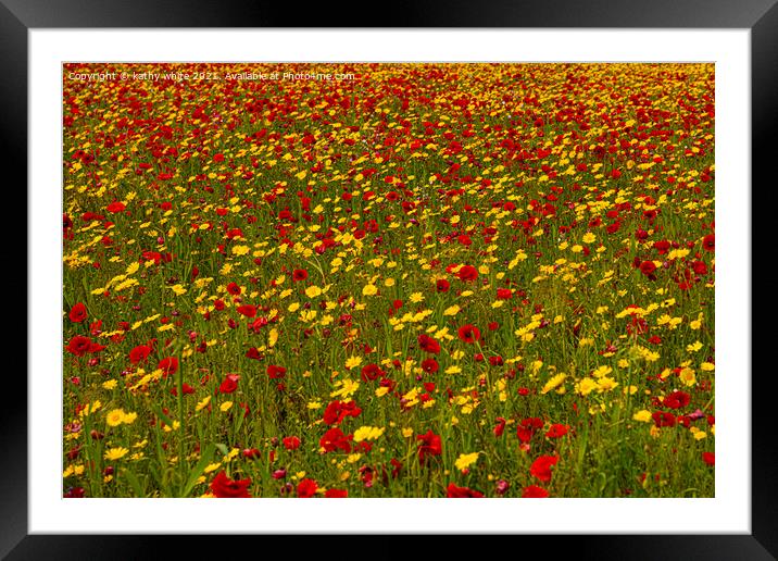 Just red and yellow, poppies and marigolds in a Wi Framed Mounted Print by kathy white