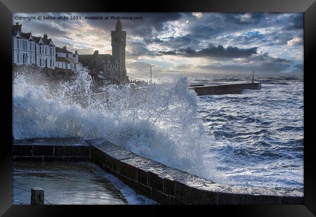Porthleven storm  Cornwall Clock tower Framed Print by kathy white