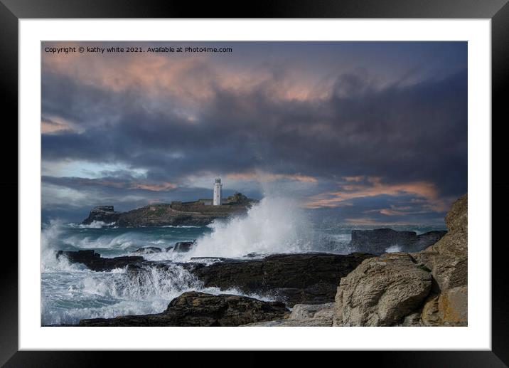 Storm approaching Godrevy  lighthouse Framed Mounted Print by kathy white