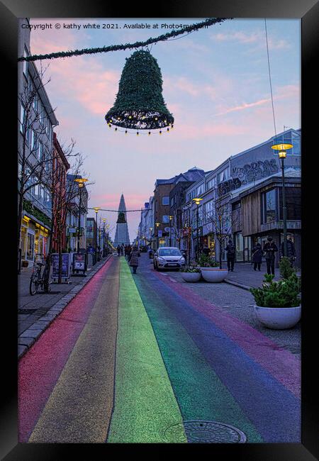 Reykjavik Iceland Rainbow road  Framed Print by kathy white