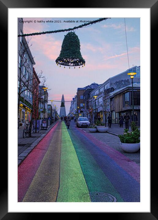 Reykjavik Iceland Rainbow road  Framed Mounted Print by kathy white