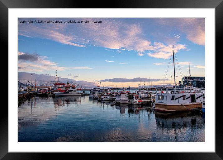 Old Harbour in winter in Reykjavik Iceland Framed Mounted Print by kathy white