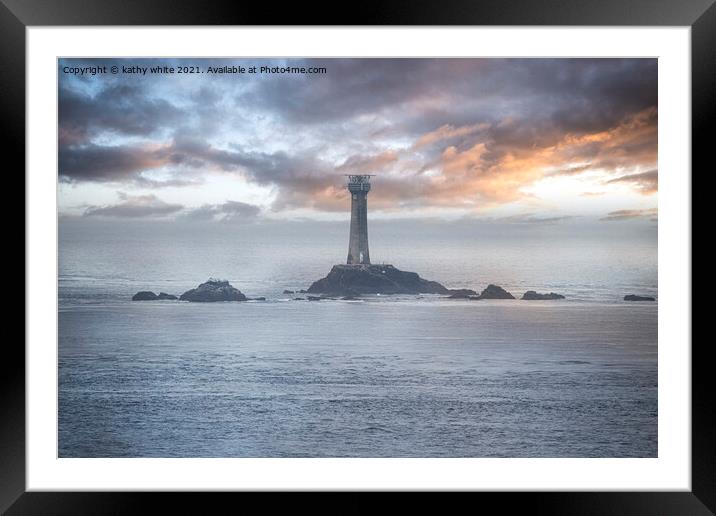Longships Lighthouse sunset Framed Mounted Print by kathy white