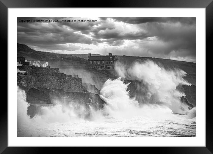 Porthleven Harbour Cornwall storm force Framed Mounted Print by kathy white