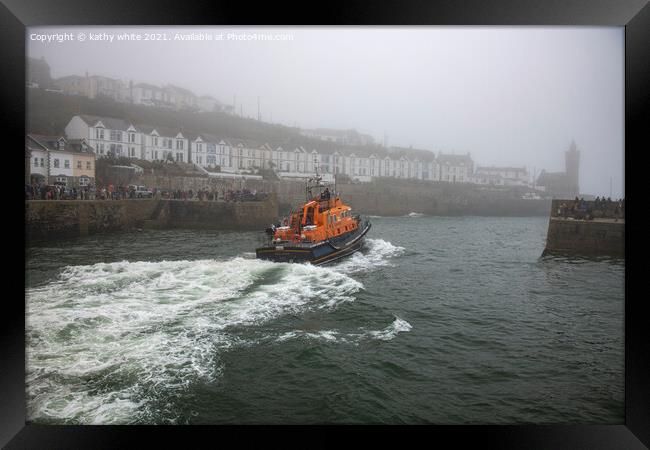 RNLI Porthleven lifeboat misty day Framed Print by kathy white