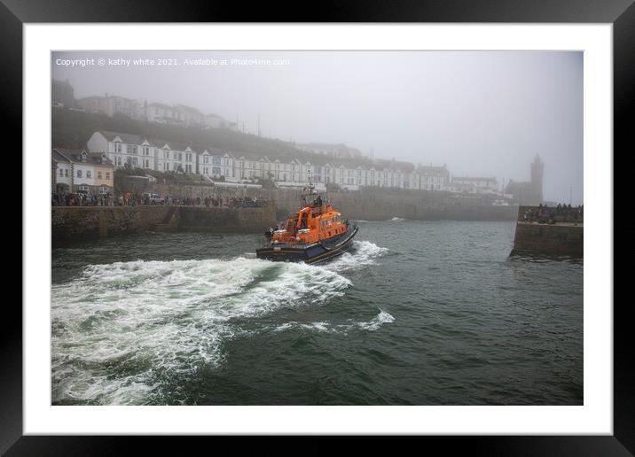 RNLI Porthleven lifeboat misty day Framed Mounted Print by kathy white