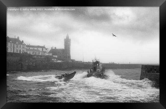 Porthleven Harbour Cornwall,lifeboat day,black and Framed Print by kathy white