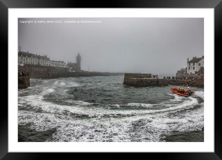 RNLI Porthleven lifeboat misty day Framed Mounted Print by kathy white