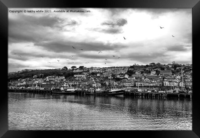 old fishing boats Newlyn cornwall, black and white Framed Print by kathy white