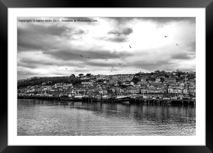 old fishing boats Newlyn cornwall, black and white Framed Mounted Print by kathy white
