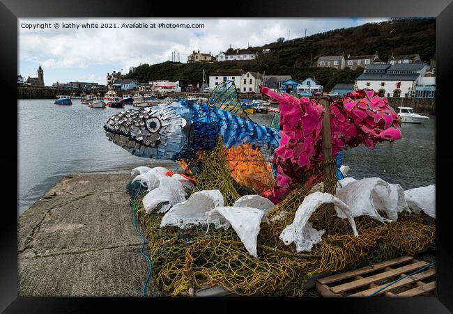  Porthleven Harbour  fishing nets Framed Print by kathy white