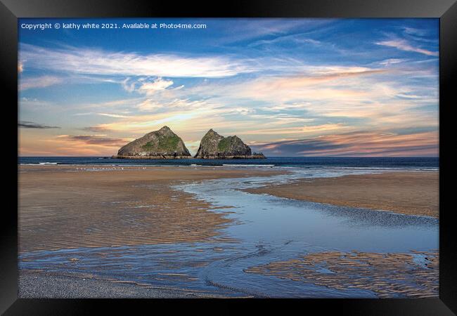 Holywell Bay Cornwall, at sunset Framed Print by kathy white