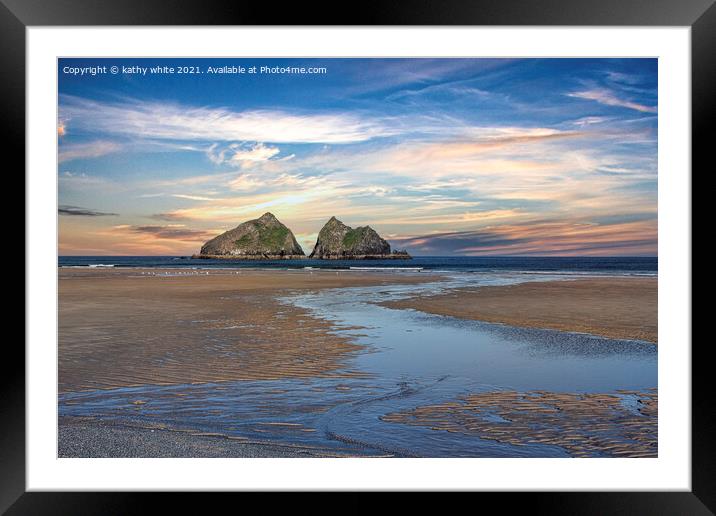 Holywell Bay Cornwall, at sunset Framed Mounted Print by kathy white