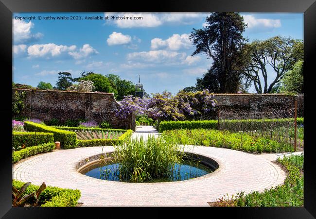 wisteria of Heligan garden pond Framed Print by kathy white