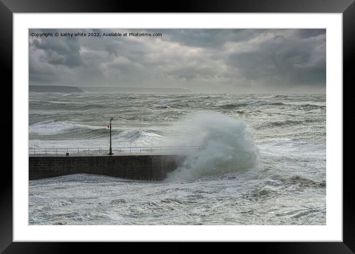 stormy Porthleven Pier Framed Mounted Print by kathy white