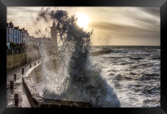 waves at porthleven Harbour Cornwall Framed Print by kathy white