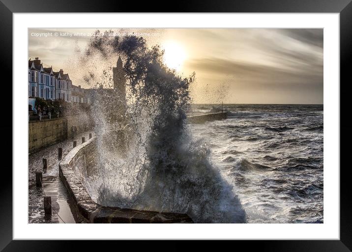 waves at porthleven Harbour Cornwall Framed Mounted Print by kathy white