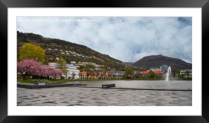 City pond Bergen Norway Framed Mounted Print by kathy white