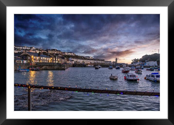 Porthleven Harbour Cornwall at night Framed Mounted Print by kathy white