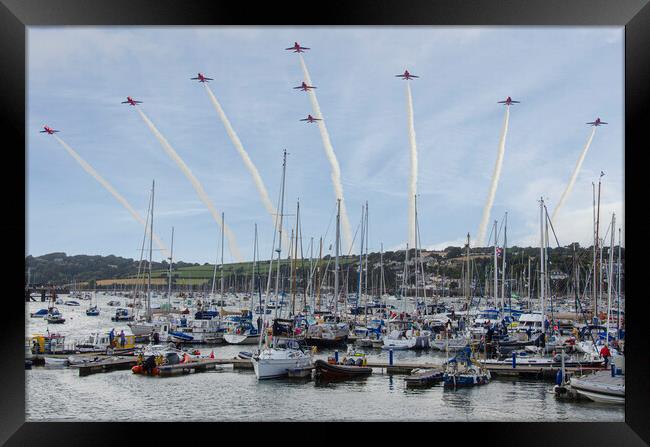 falmouth,Red arrows in a cornish sky,smoke trails, Framed Print by kathy white