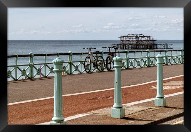 Brighton Seafront, Old Pier, with  Bicycles Framed Print by kathy white