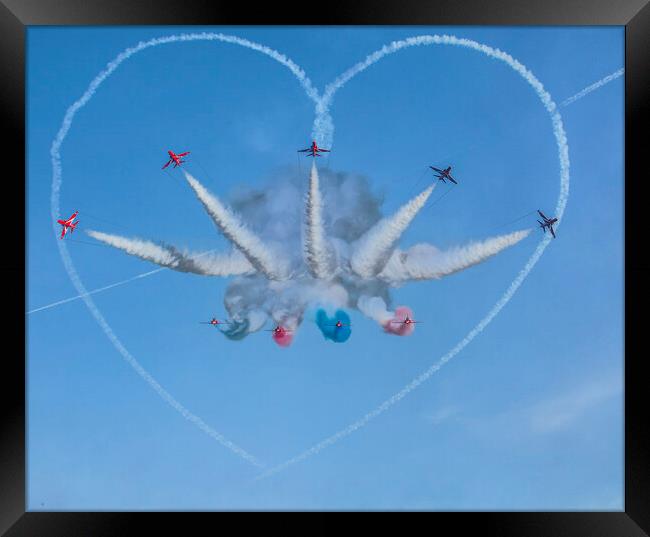 Red arrows in a cornish sky,smoke trails,  Framed Print by kathy white