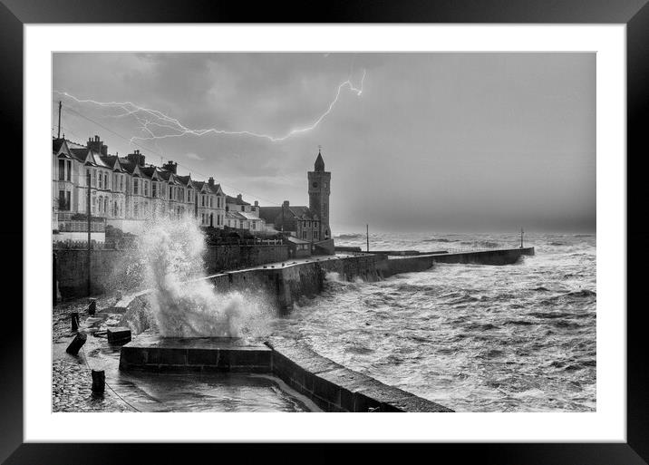 lightening Porthleven Cornwall Framed Mounted Print by kathy white