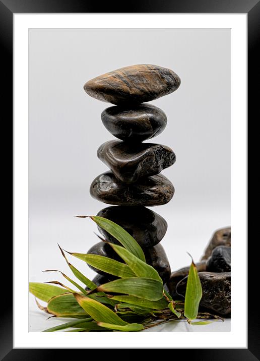 Cornish Zen balanced Stones Framed Mounted Print by kathy white