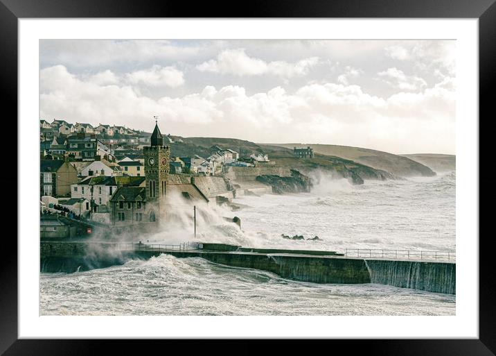 crashing storm waves,porthleven Framed Mounted Print by kathy white