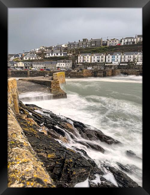Porthleven Harbour Cornwall stormy sea Framed Print by kathy white