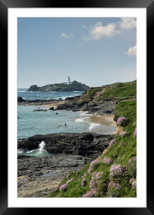 Godrevy lighthouse from Hyale beach Framed Mounted Print by kathy white