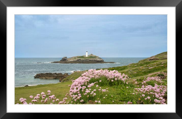 Godrevy lighthouse with sea pinks Framed Mounted Print by kathy white