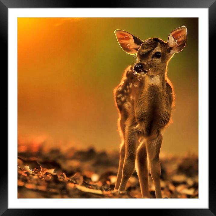 young deer at sunset,tranquility and harmony Framed Mounted Print by kathy white