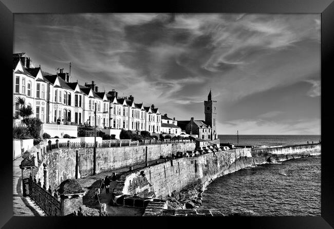 Porthleven clock tower  black and white Framed Print by kathy white