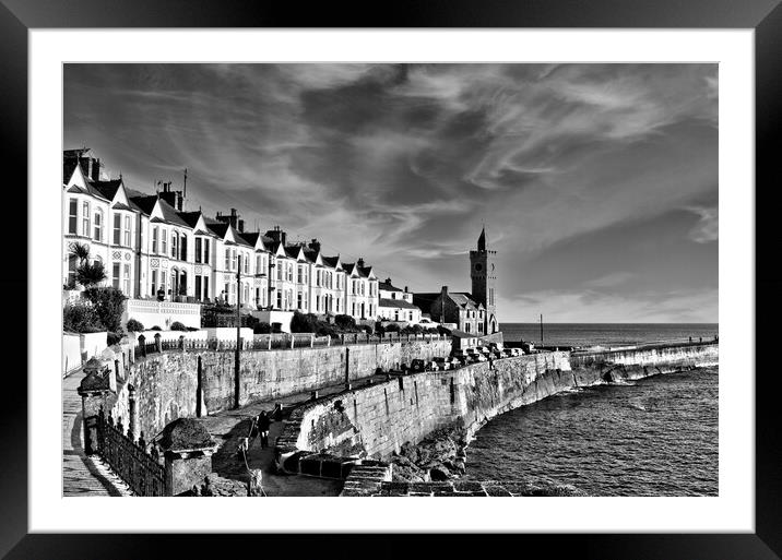 Porthleven clock tower  black and white Framed Mounted Print by kathy white