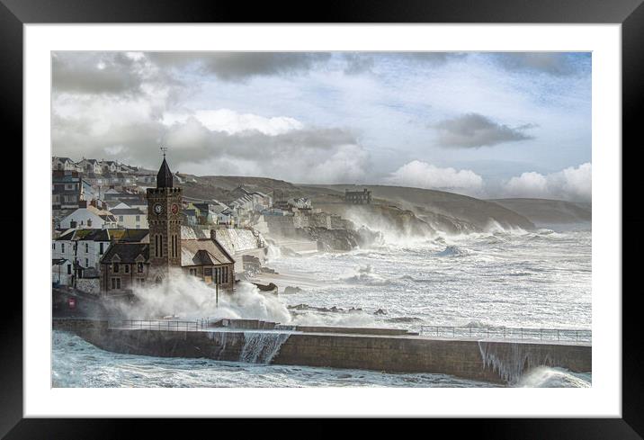 Porthleven Harbour Cornwall storm force Framed Mounted Print by kathy white