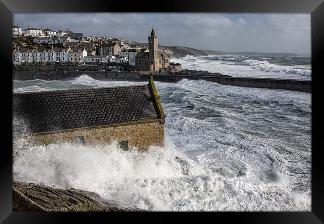 stormy day at porthleven cornwall Framed Print by kathy white