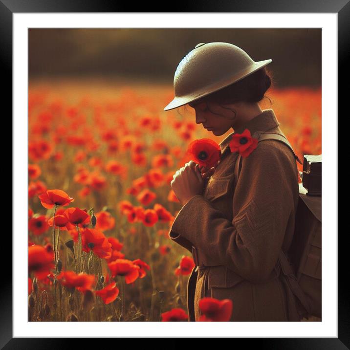 poppy field soldier,women Framed Mounted Print by kathy white