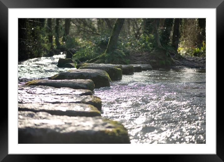 stepping stones across river Framed Mounted Print by kathy white