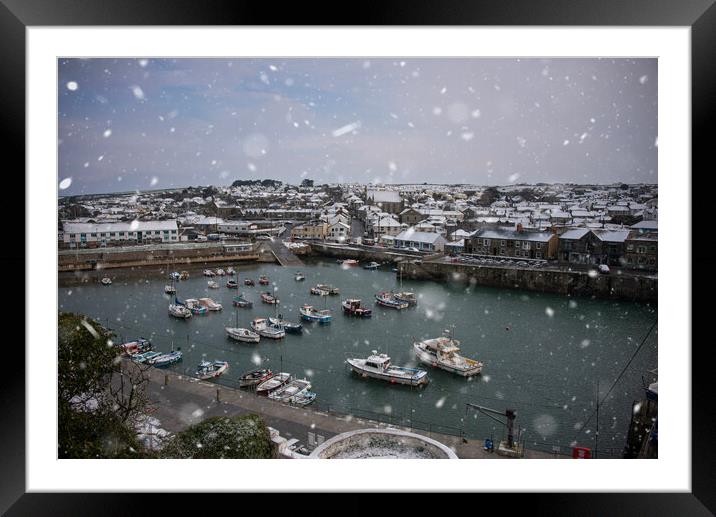 Porthleven Cornwall in the snow  Framed Mounted Print by kathy white