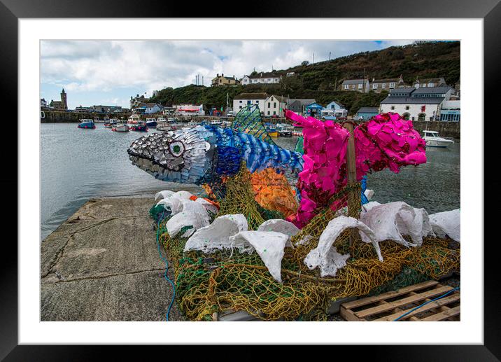 Porthleven Harbour, Fish made of Plastic from the ocean Framed Mounted Print by kathy white