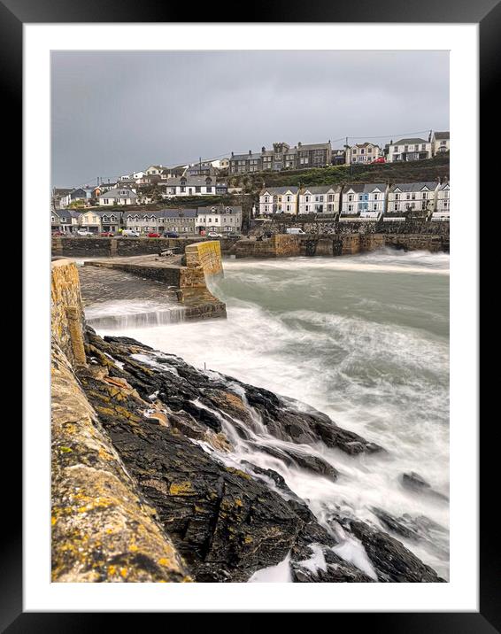 Porthleven Harbour, Cornwall storm force Framed Mounted Print by kathy white
