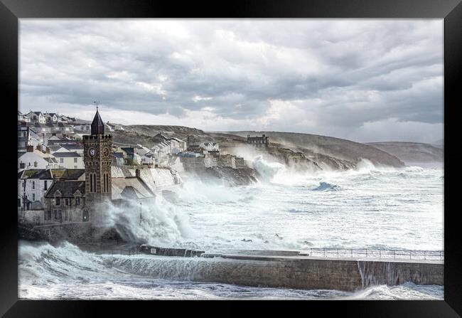 Storm in Porthleven Cornwall Framed Print by kathy white