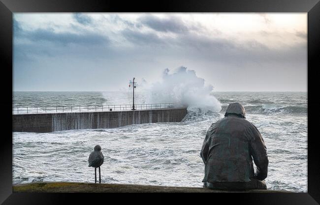 Porthleven  stormy sea,waiting for fish Framed Print by kathy white
