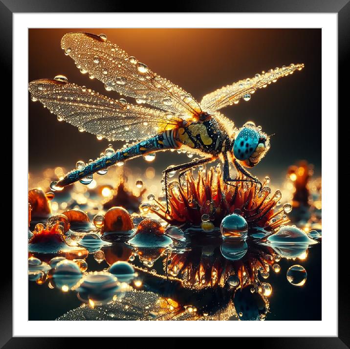 close up of a dragonfly on a pond with waterdrops Framed Mounted Print by kathy white
